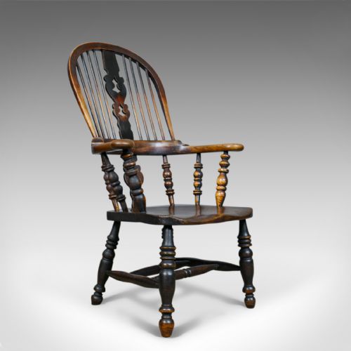 Antique Windsor Broad Arm Elbow Chair, English, Victorian, Elm, Ash, Circa 1850
