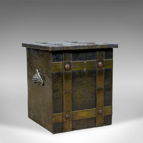 Antique Log Bin, Edwardian, Bound Metal, Fireside Box, Arts and Crafts, C.1910
