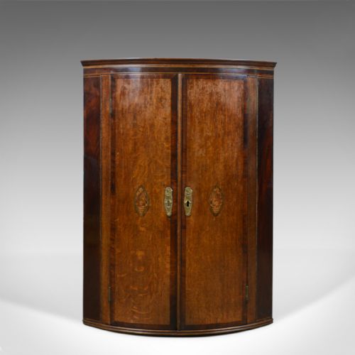 Antique Corner Cabinet, English, Georgian, Bow Fronted, Oak, Hanging, Circa 1760