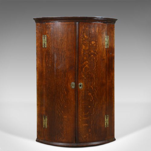 Antique Corner Cabinet, English, Georgian, Bow Fronted, Oak, Hanging, Circa 1780
