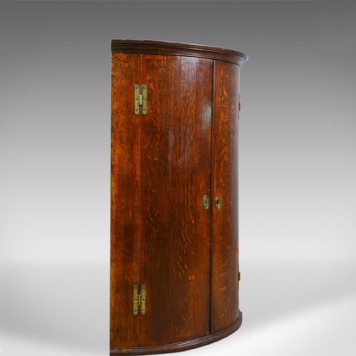 fig 1. Antique Corner Cabinet, English, Georgian, Bow Fronted, Oak, Hanging, Circa 1780