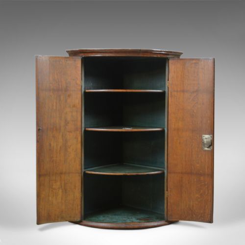 fig 3. Antique Corner Cabinet, English, Georgian, Bow Fronted, Oak, Hanging, Circa 1780