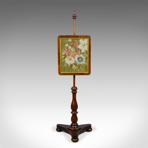 Antique Pole Screen, English, Regency, Walnut, Fire, Needlepoint, Tapestry C1820