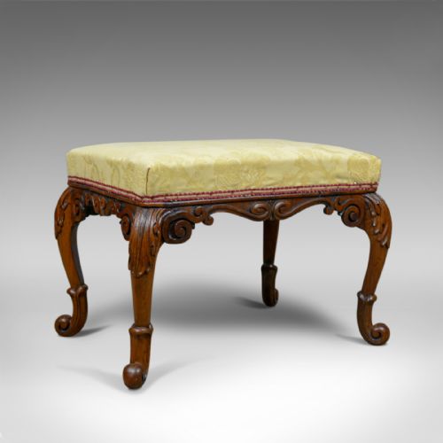 Antique Foot Stool, Mahogany, Damask Cloth, English, Victorian, Circa 1840