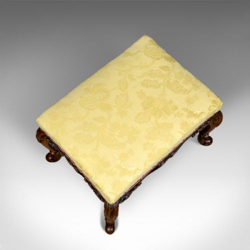 fig 1. Antique Foot Stool, Mahogany, Damask Cloth, English, Victorian, Circa 1840