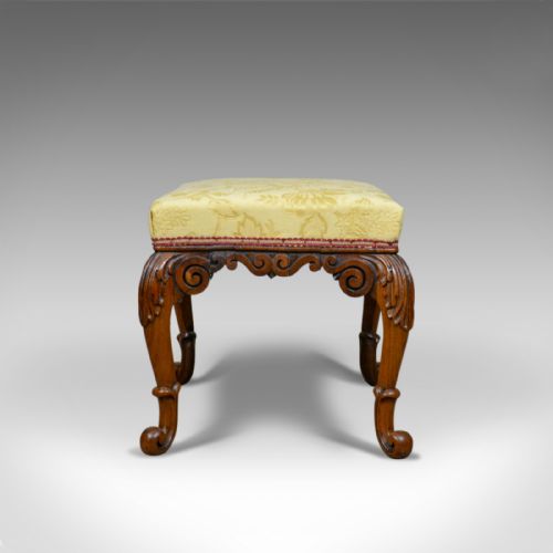 fig 2. Antique Foot Stool, Mahogany, Damask Cloth, English, Victorian, Circa 1840