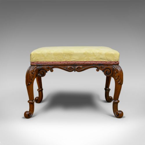 fig 3. Antique Foot Stool, Mahogany, Damask Cloth, English, Victorian, Circa 1840