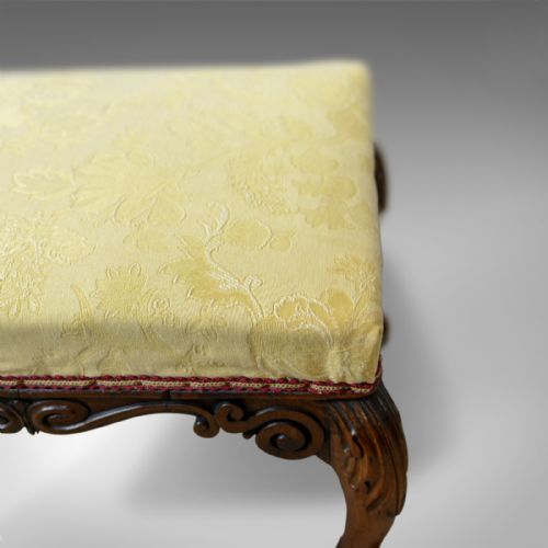 fig 4. Antique Foot Stool, Mahogany, Damask Cloth, English, Victorian, Circa 1840