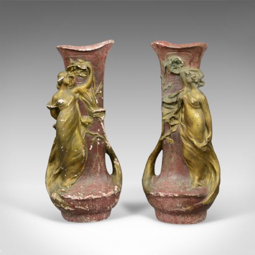 Antique Plaster Vases, French, Art Nouveau, Amphora, Early 20th Century, C.1900