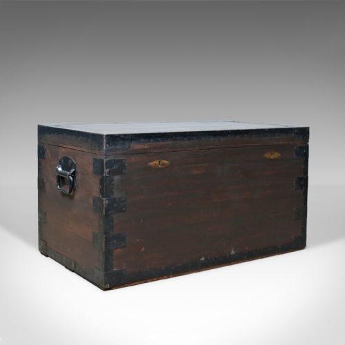 Antique Steamer Trunk, Marine, English, Travel, Ship's Chest, Metal Lined, C1880