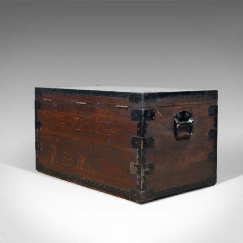 fig 2. Antique Steamer Trunk, Marine, English, Travel, Ship's Chest, Metal Lined, c1880