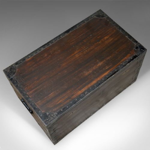 fig 3. Antique Steamer Trunk, Marine, English, Travel, Ship's Chest, Metal Lined, c1880