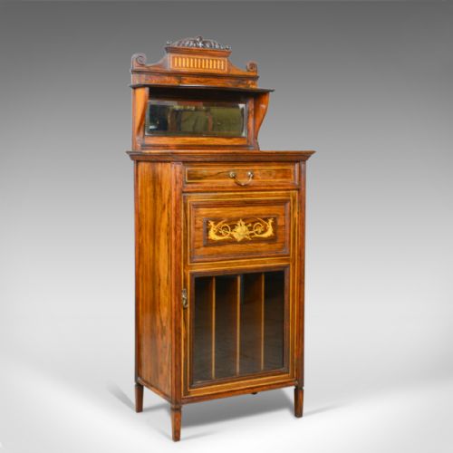 Antique Music Cabinet, Rosewood, English, Victorian, Mirror Back, Circa 1880