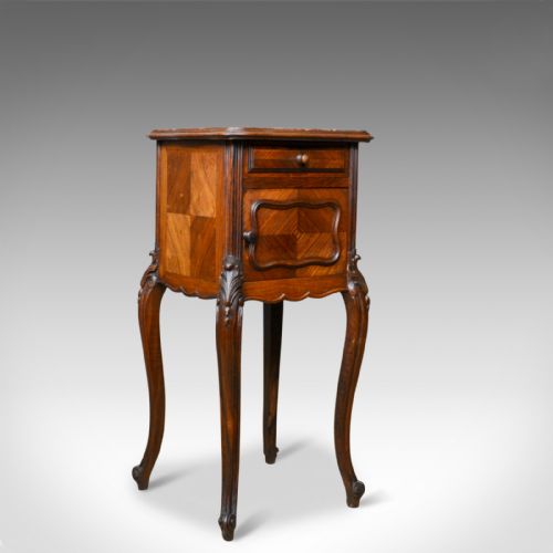 French Antique Bedside Cabinet, Victorian, Walnut, Marble Top Pot Cupboard C1880