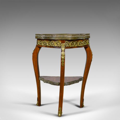 French, Antique, Side Table, Two Tier, Birch, Ormolu, Marble Top, Circa 1900