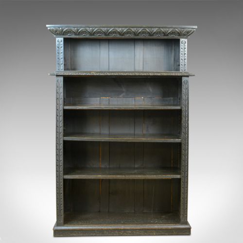 fig 2. Antique Open Bookshelf, Oak, Victorian, Bookcase, Jacobean Overtones Circa 1890