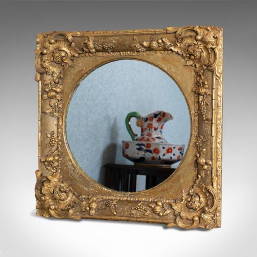 Antique Wall Mirror, English, Victorian, Gilt Gesso, Square, Circular Circa 1870