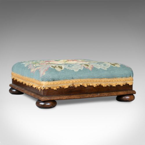 Square Antique Footstool, English, Victorian, Needlepoint, Carriage, C19th C1890