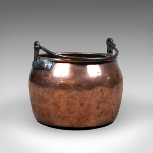fig 1. Antique Copper Cauldron, Georgian Pot, Fireside Log or Coal Scuttle, Heavy C18th