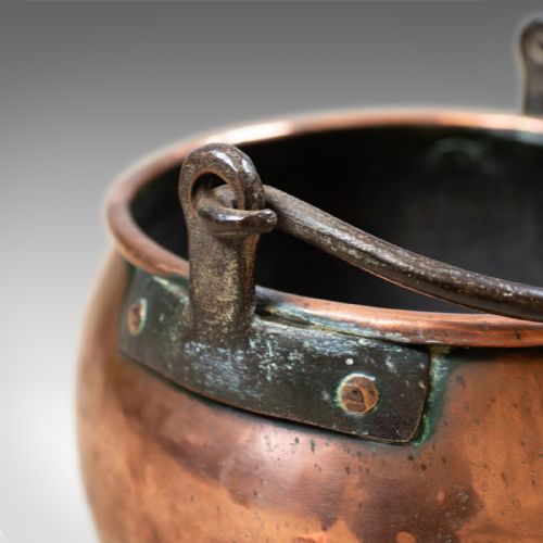 fig 3. Antique Copper Cauldron, Georgian Pot, Fireside Log or Coal Scuttle, Heavy C18th