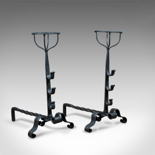 Antique Pair of Firedogs, English, Medieval Revival, Andirons, Forged Circa 1900