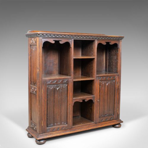 Antique Bookcase Cabinet, Oak, Gothic Overtones, Robertson and Coleman, C.1880