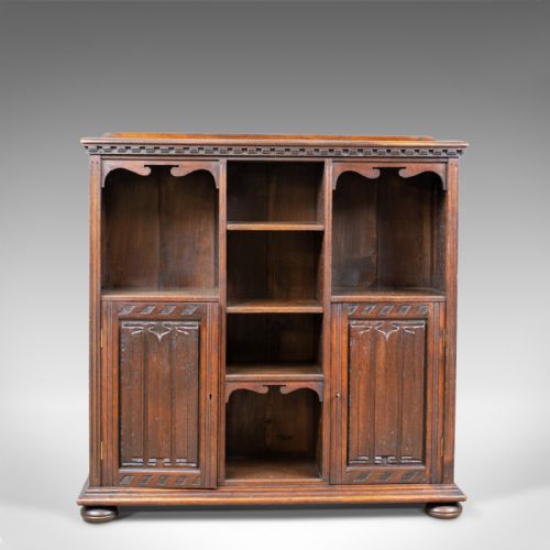 fig 1. Antique Bookcase Cabinet, Oak, Gothic Overtones, Robertson and Coleman, c.1880