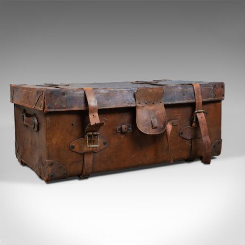 Large Antique Steamer Trunk, English, Edwardian, Leather, Travel Case Circa 1910