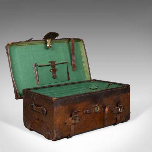 fig 1. Large Antique Steamer Trunk, English, Edwardian, Leather, Travel Case Circa 1910