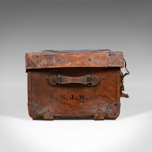 fig 3. Large Antique Steamer Trunk, English, Edwardian, Leather, Travel Case Circa 1910