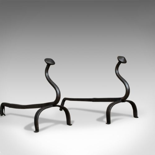 fig 1. Antique Andirons, French, Wrought Iron, Firedogs, Forged, 20th Century, c.1900