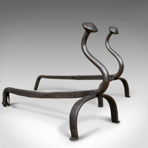 Antique Andirons, French, Wrought Iron, Firedogs, Forged, 20th Century, C.1900