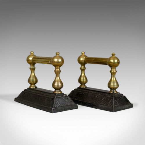 Antique Fireside Tool Rests, Victorian, Brass, Iron, Classical Revival, C.1890