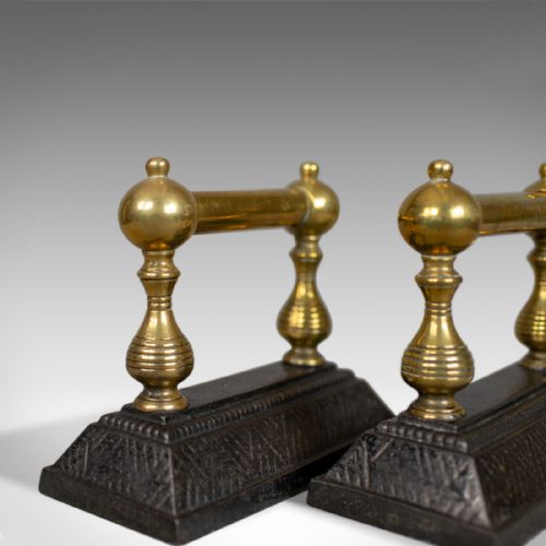 fig 2. Antique Fireside Tool Rests, Victorian, Brass, Iron, Classical Revival, c.1890