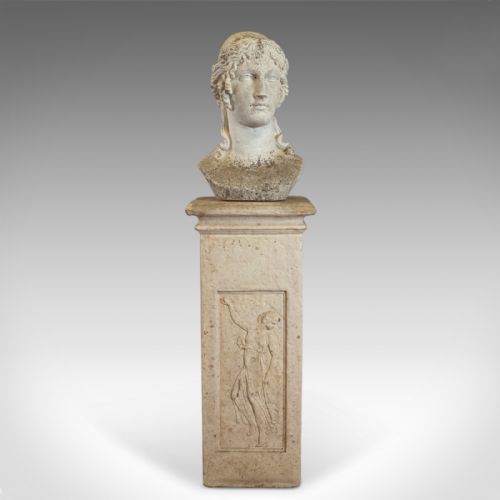 fig 1. Antique Bust on Podium, Garden, Italian, Classical, Female Pose, Circa 1910