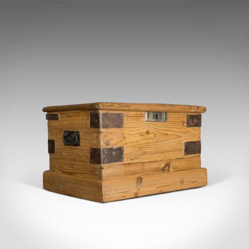 Small Antique Carriage Chest, Victorian, Metal Bound, Pine Trunk, Circa 1870