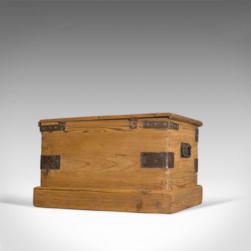 fig 2. Small Antique Carriage Chest, Victorian, Metal Bound, Pine Trunk, Circa 1870