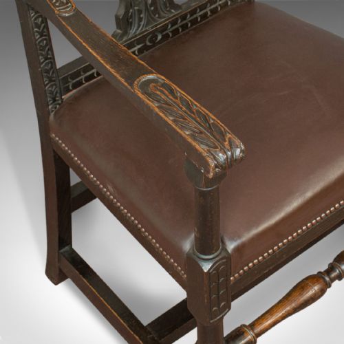 fig 5. Antique Elbow Chair, Victorian, Oak, Leather, Carver, Armchair, Circa 1870