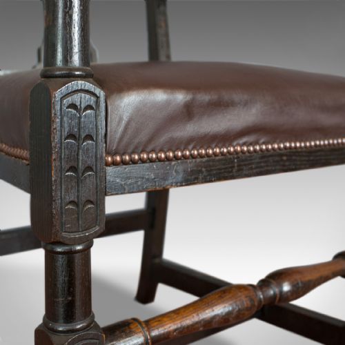 fig 2. Antique Elbow Chair, Victorian, Oak, Leather, Carver, Armchair, Circa 1870