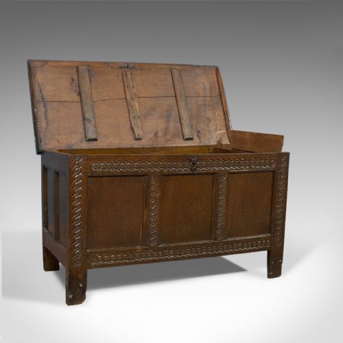 fig 1. Antique Coffer, Large, English Oak, Joined Chest, Charles II Trunk, Circa 1685