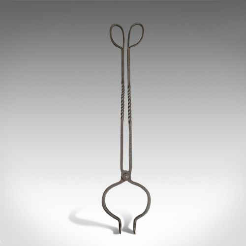 fig 1. Antique Pair of Large Fire Tongs, Georgian, Hand Forged Iron, Stirrup circa 1800