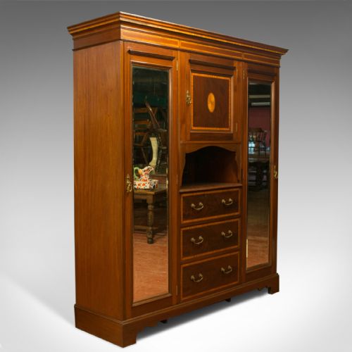 Antique Mirrored Wardrobe, English, Edwardian, Mahogany, Boxwood, Circa 1910