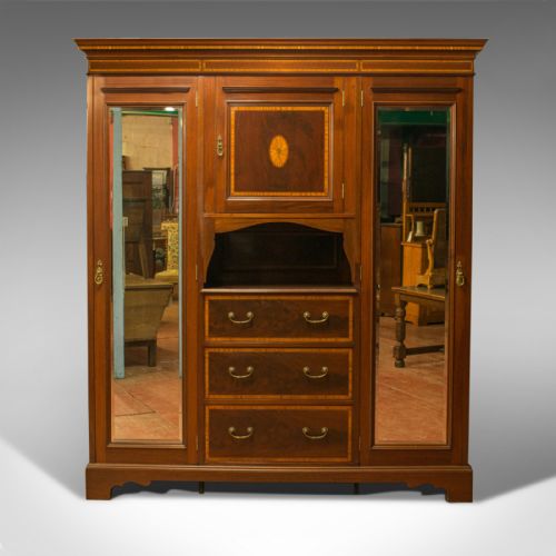 fig 1. Antique Mirrored Wardrobe, English, Edwardian, Mahogany, Boxwood, Circa 1910