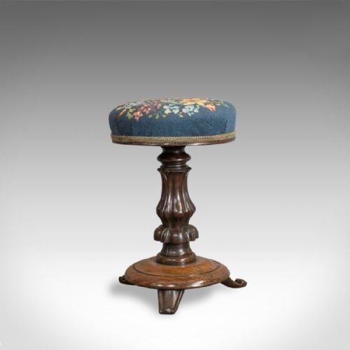 Antique Piano Stool, Rosewood, Music, Regency, Adjustable, Needlepoint, C.1830