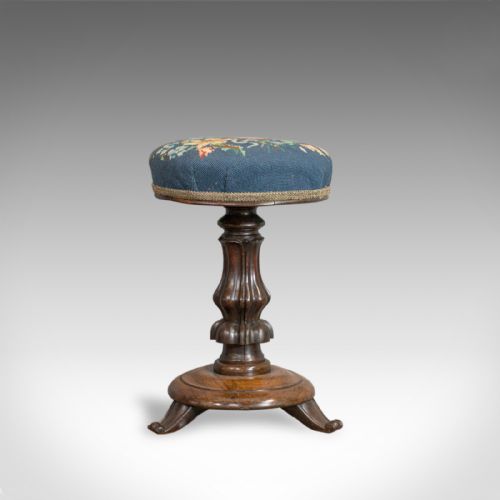 fig 1. Antique Piano Stool, Rosewood, Music, Regency, Adjustable, Needlepoint, c.1830