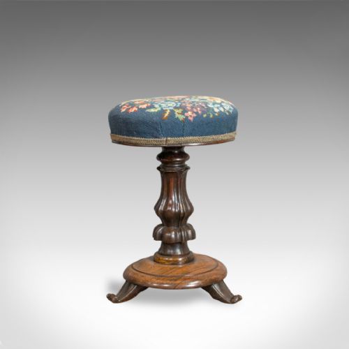 fig 4. Antique Piano Stool, Rosewood, Music, Regency, Adjustable, Needlepoint, c.1830