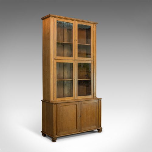 Tall Antique Display Cabinet, English, Edwardian, Oak, Glazed Bookcase, C.1910