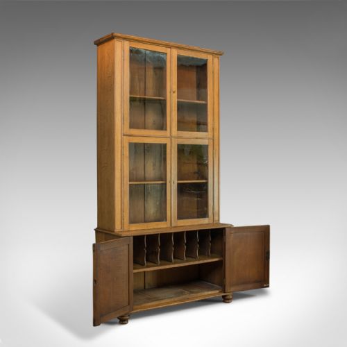 fig 1. Tall Antique Display Cabinet, English, Edwardian, Oak, Glazed Bookcase, c.1910