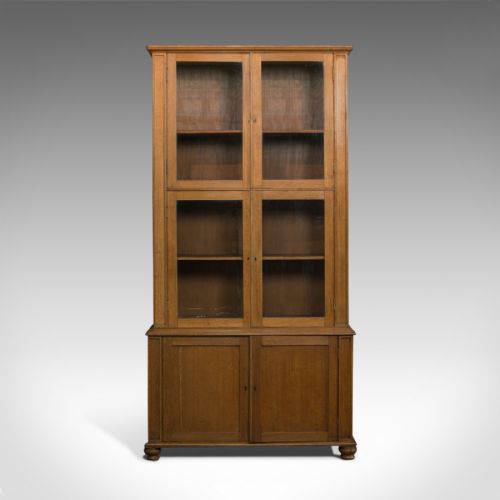 fig 2. Tall Antique Display Cabinet, English, Edwardian, Oak, Glazed Bookcase, c.1910