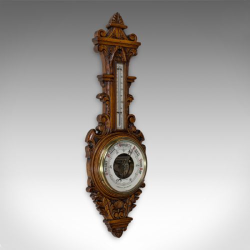 Antique Aneroid Barometer, English, Winstanley of Wigan, Oak, Banjo, Temperature
